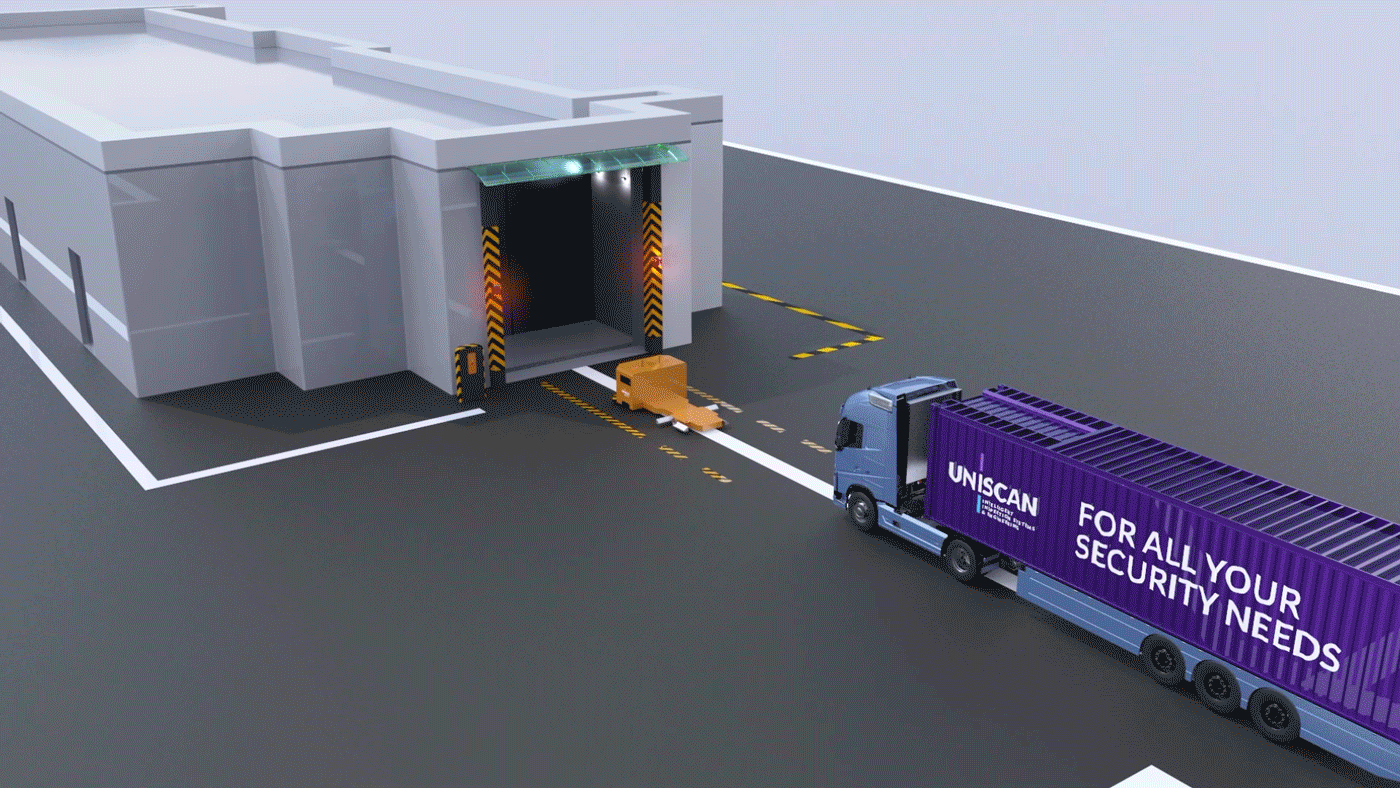 UNISCAN Smart Gate 3D simulation, cargo truck parking, driver get off cargo truck