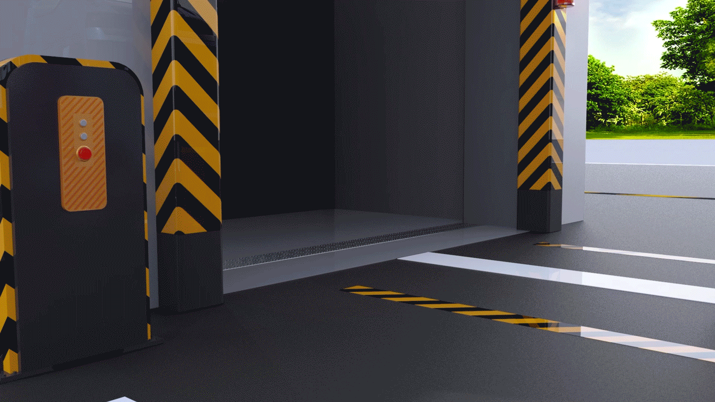 UNISCAN Smart Gate 3D simulation, towing -in cargo truck, close shelding door
